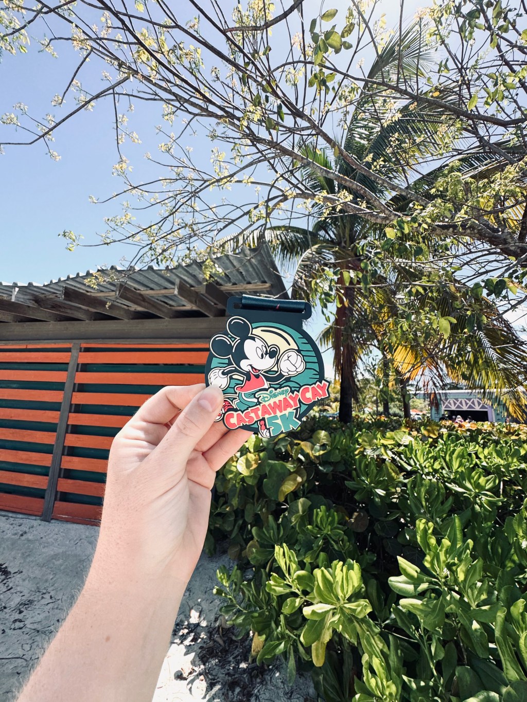 Hand holding a Castaway Cay 5k medal with trees in the background.