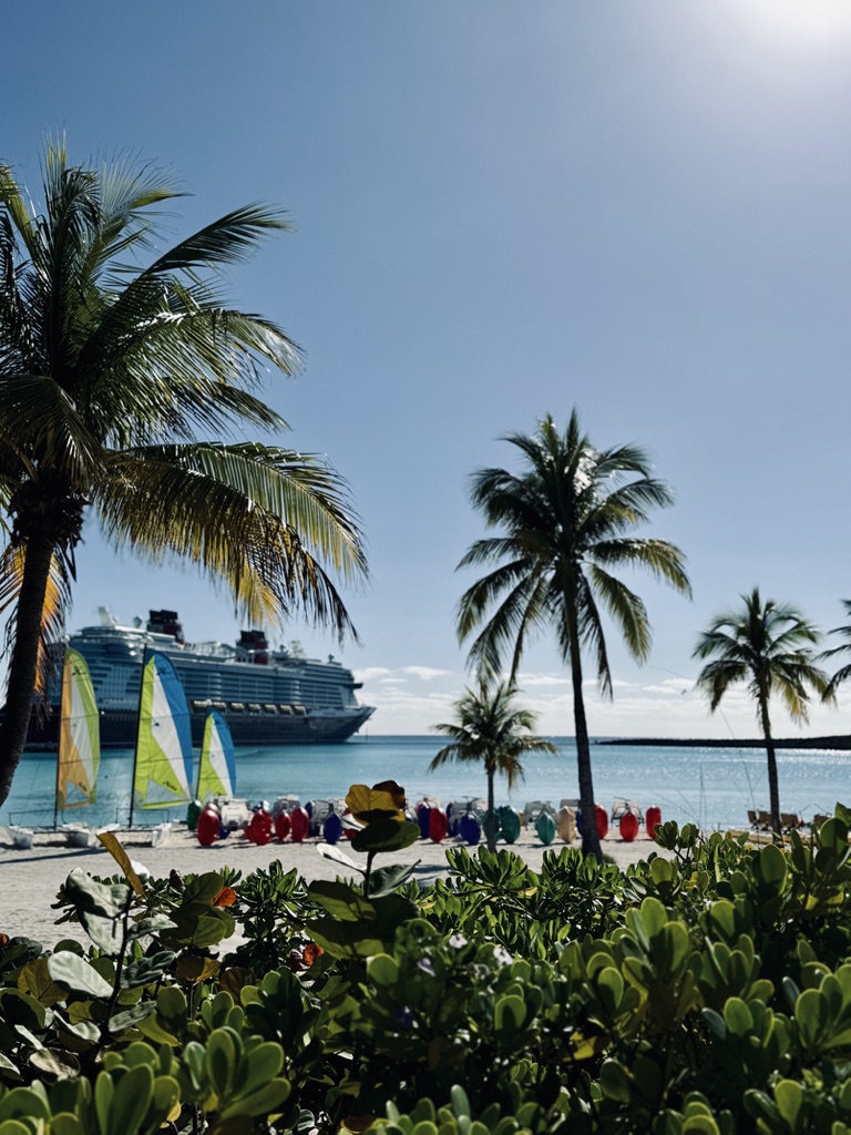 Disney Cruise Ship with beach and palm trees at castaway cay.