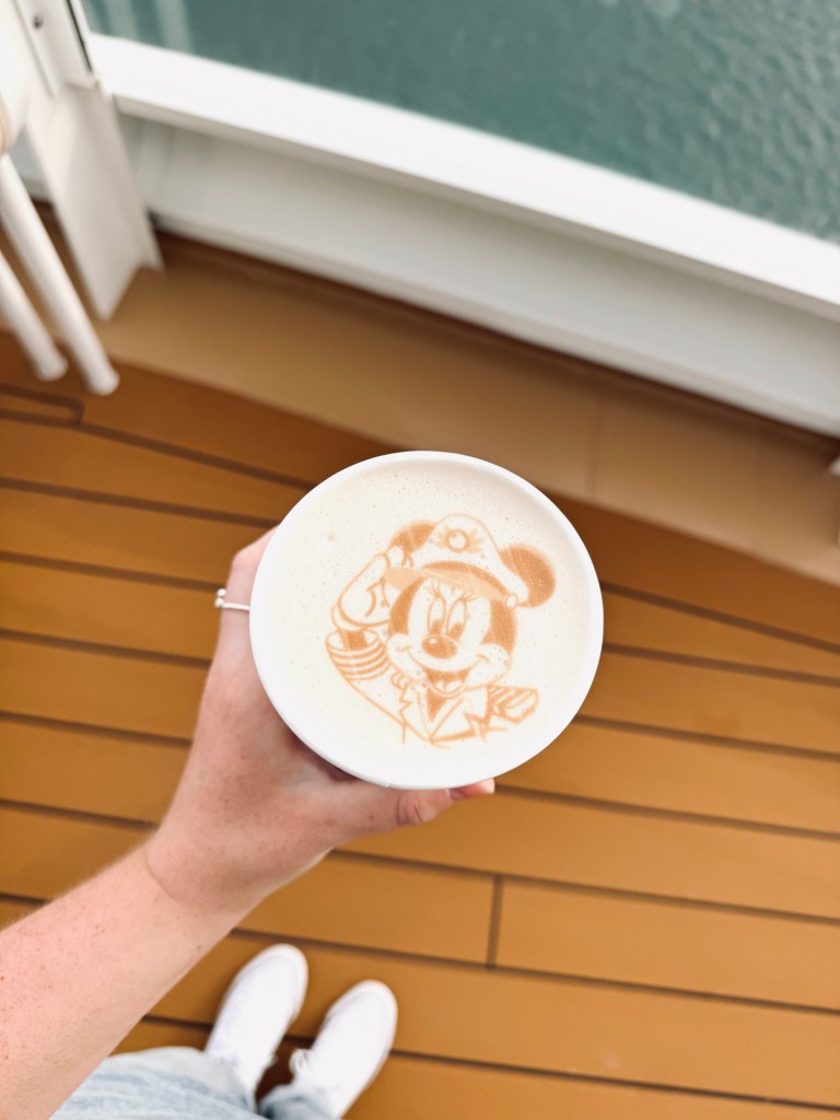Coffee art of Mickey Mouse stamped on a coffee on a Disney Cruise Ship