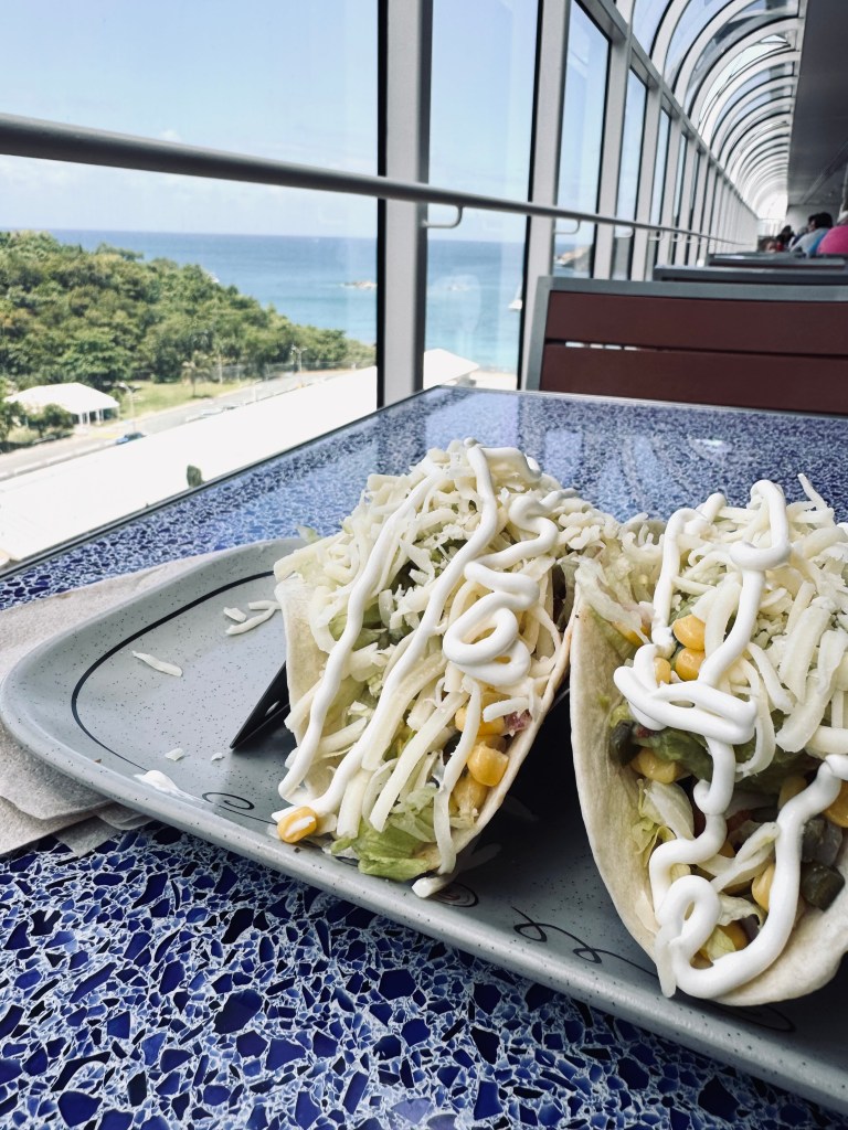 Tacos with toppings at Donald's Cantina on a Disney Cruise Ship