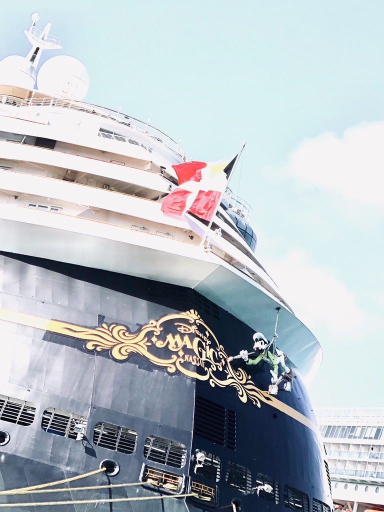 Back of Disney Magic cruise ship with Goofy character