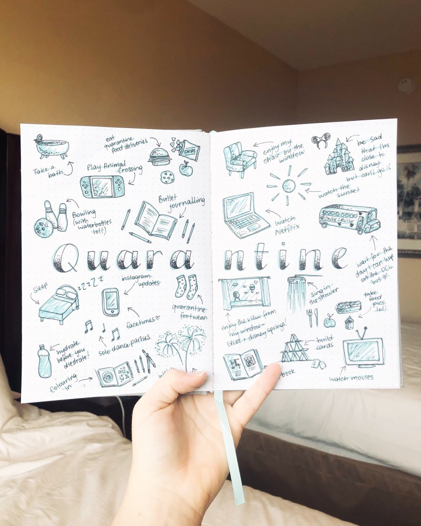 Notebook with cute drawings of life in quarantine during pandemic.