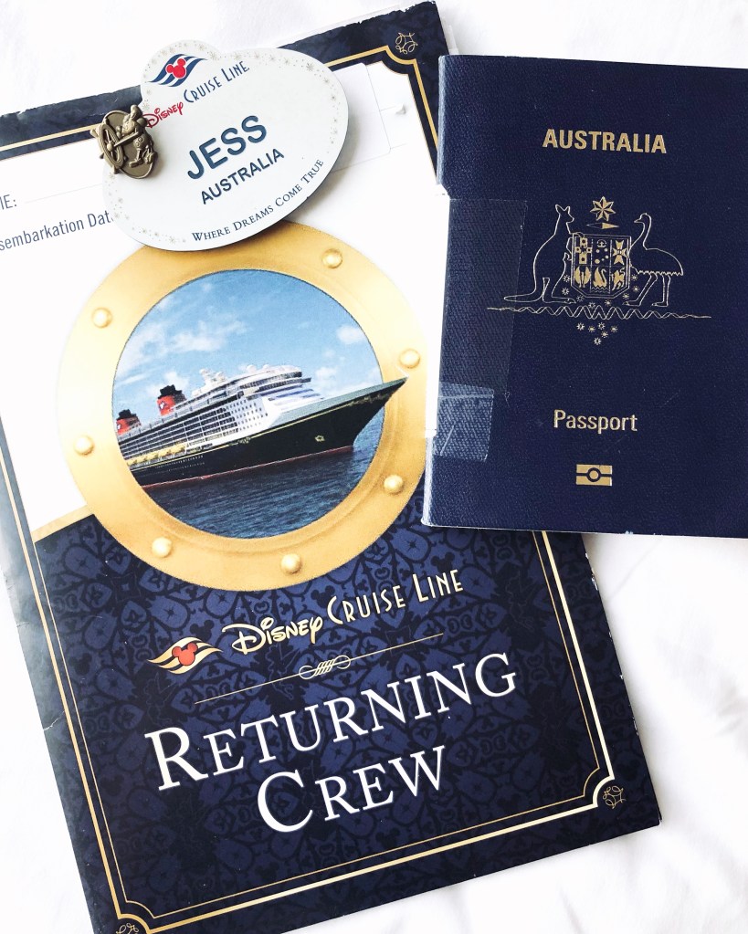 Disney Cruise Line 'returning crew' folder with passport and disney name tag.