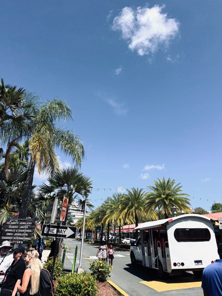 Town with palm trees, trams and signs at St Thomas cruise port.