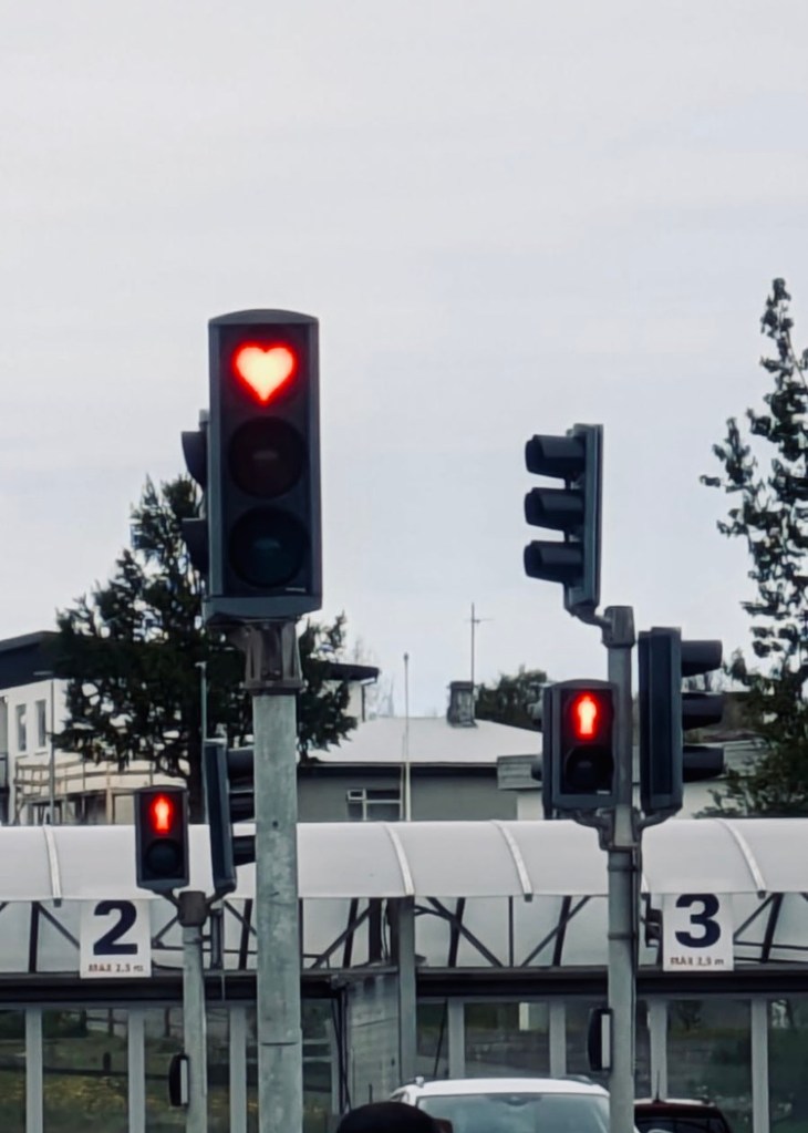 Heart shaped red traffic lights in Akureyri, Iceland