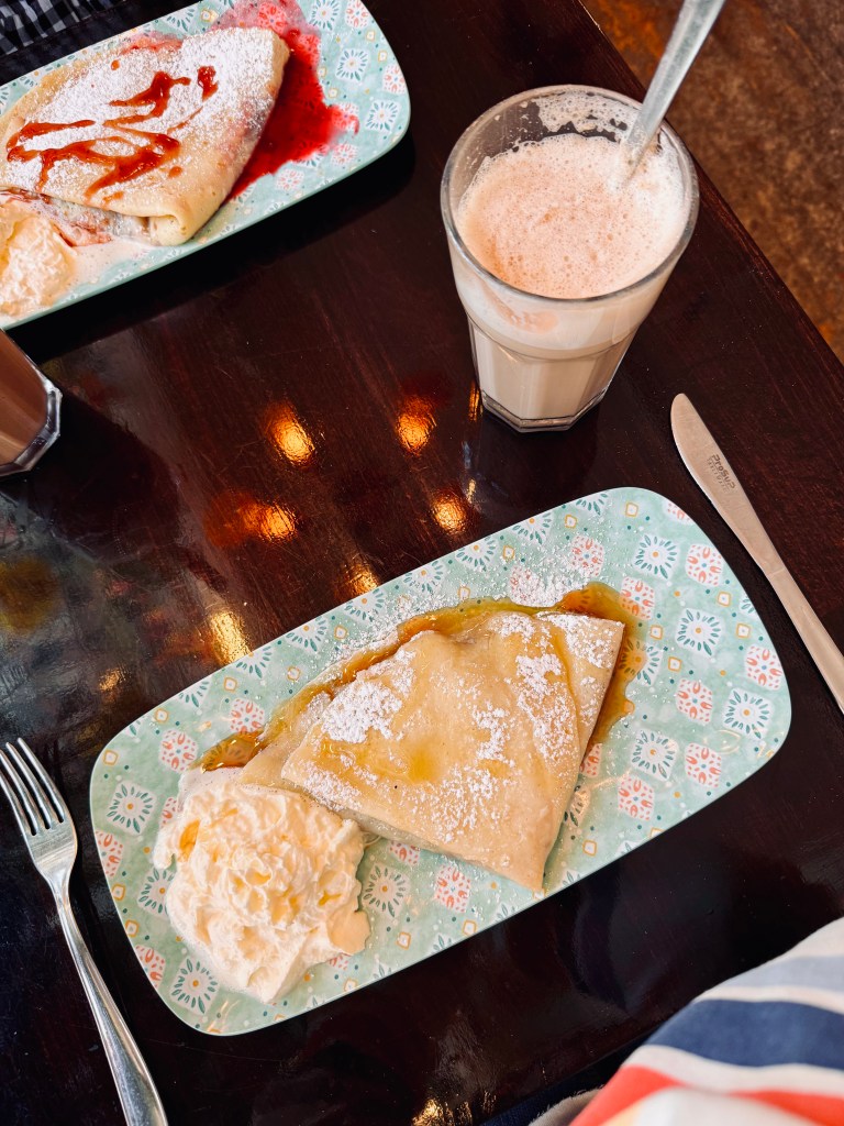 Crepes on a colorful plate on a table in a cafe in Reykjavik, Iceland