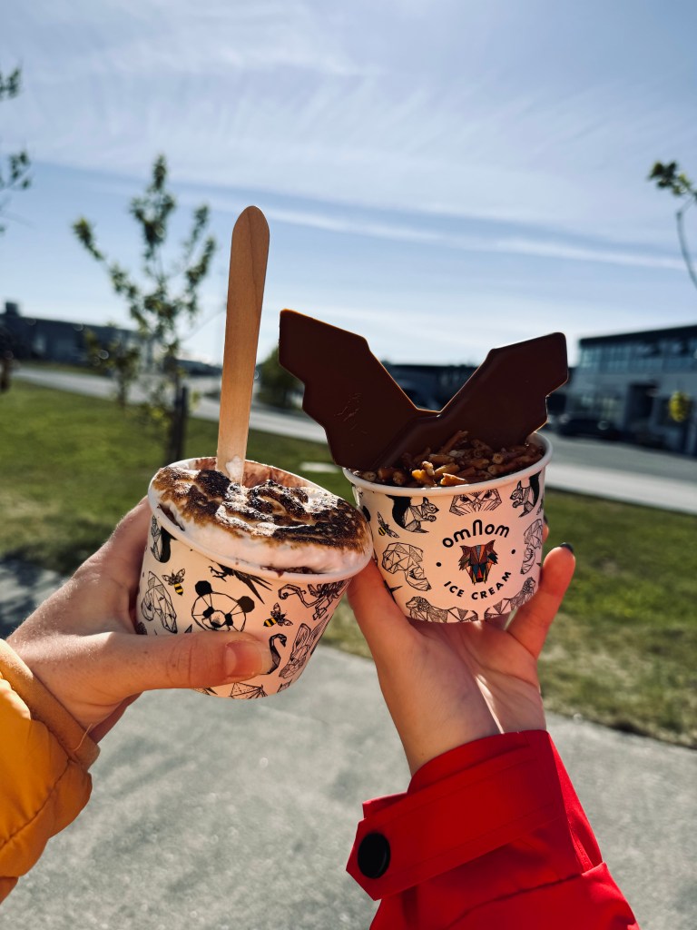 Two quirky ice creams with OmNom logo in Reykjavik, Iceland