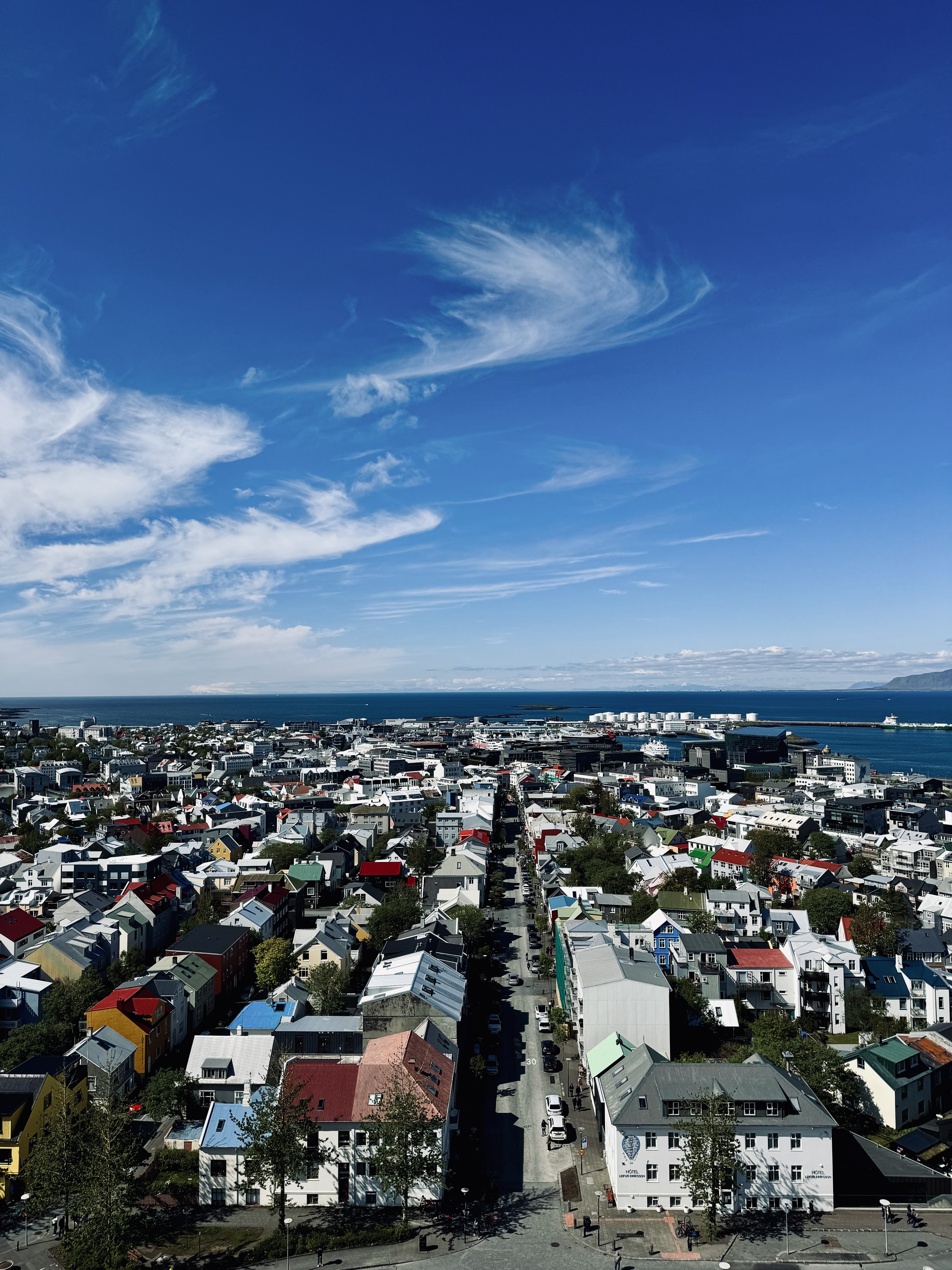 View of Reykjavik from the top of Hallgrimskirkja church in Reykjavik, Iceland on a sunny day