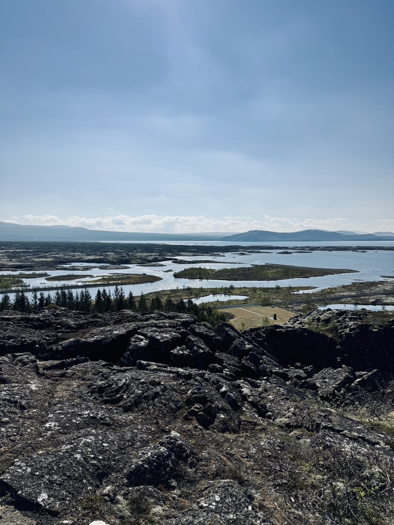 View of lakes and hills at Thingvellir National Park, Iceland.