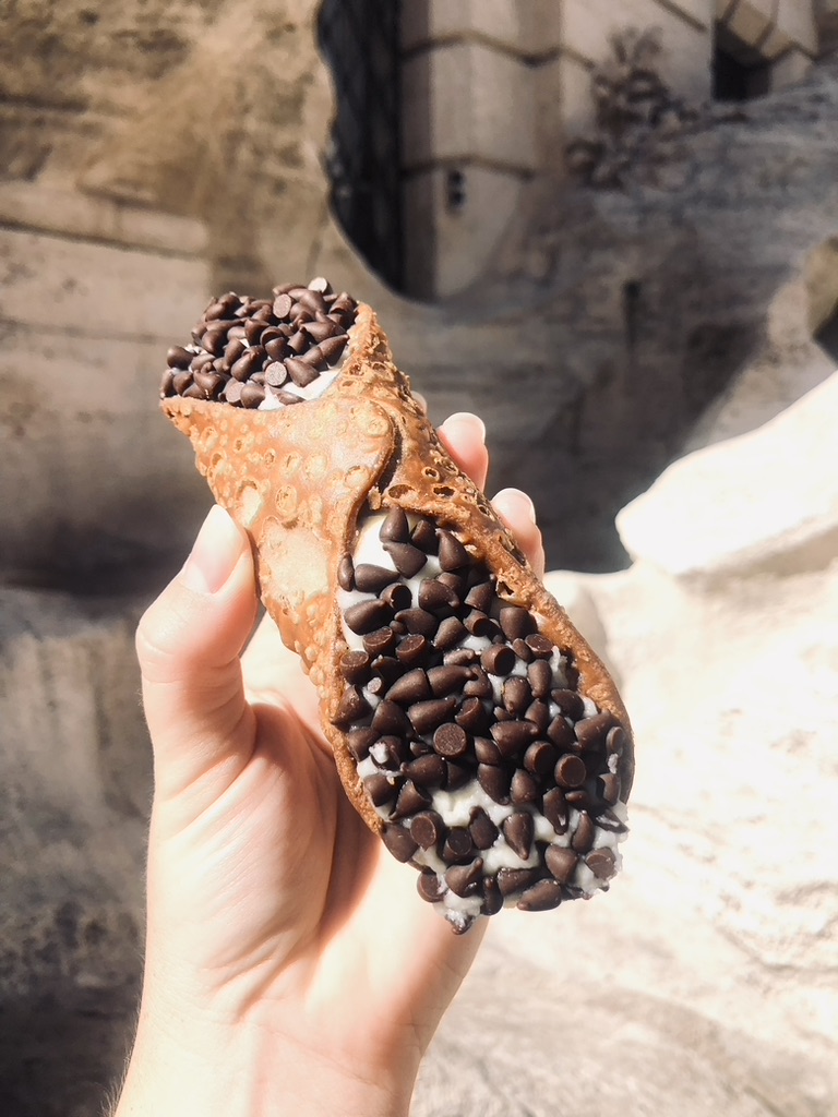 Hand holding chocolate flavored cannolli with chocolate chips in Rome, Italy