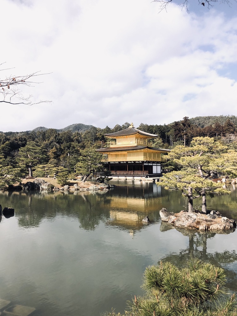 Golden Temple surrounded by beautiful water and gardens in Kyoto, Japan