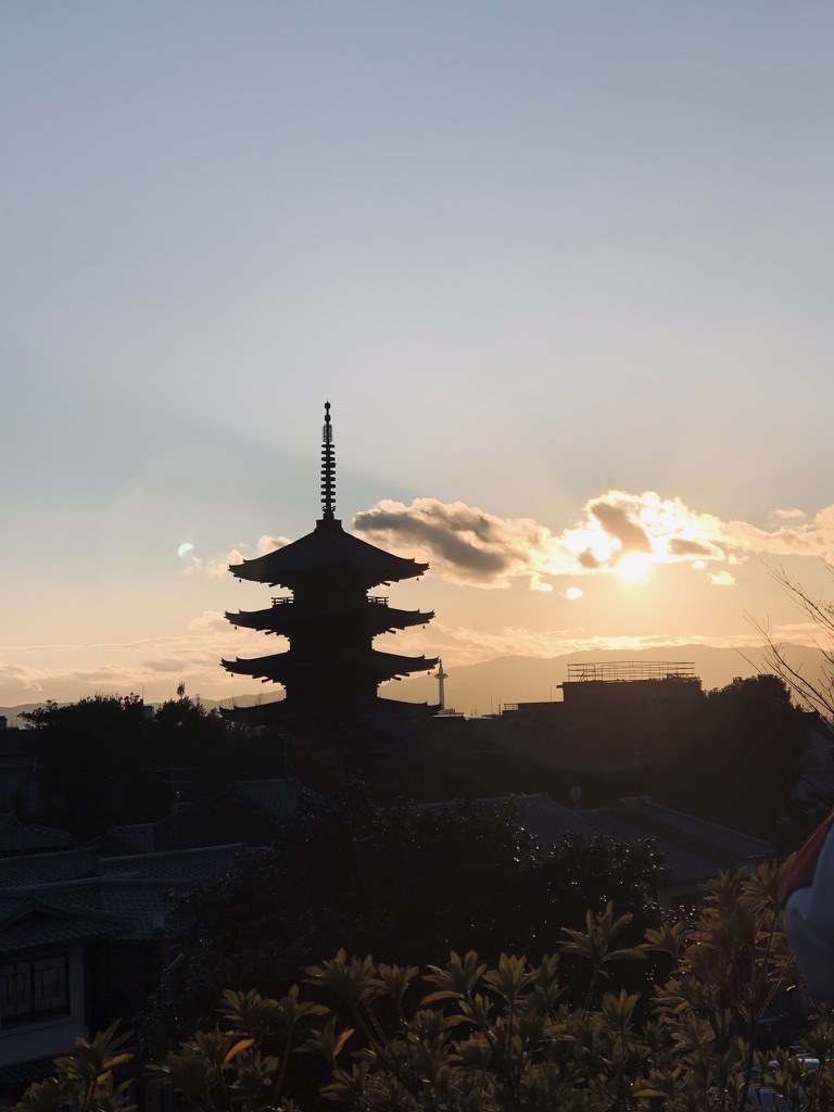 Sunset in Kyoto, Japan with sillouhette of temple