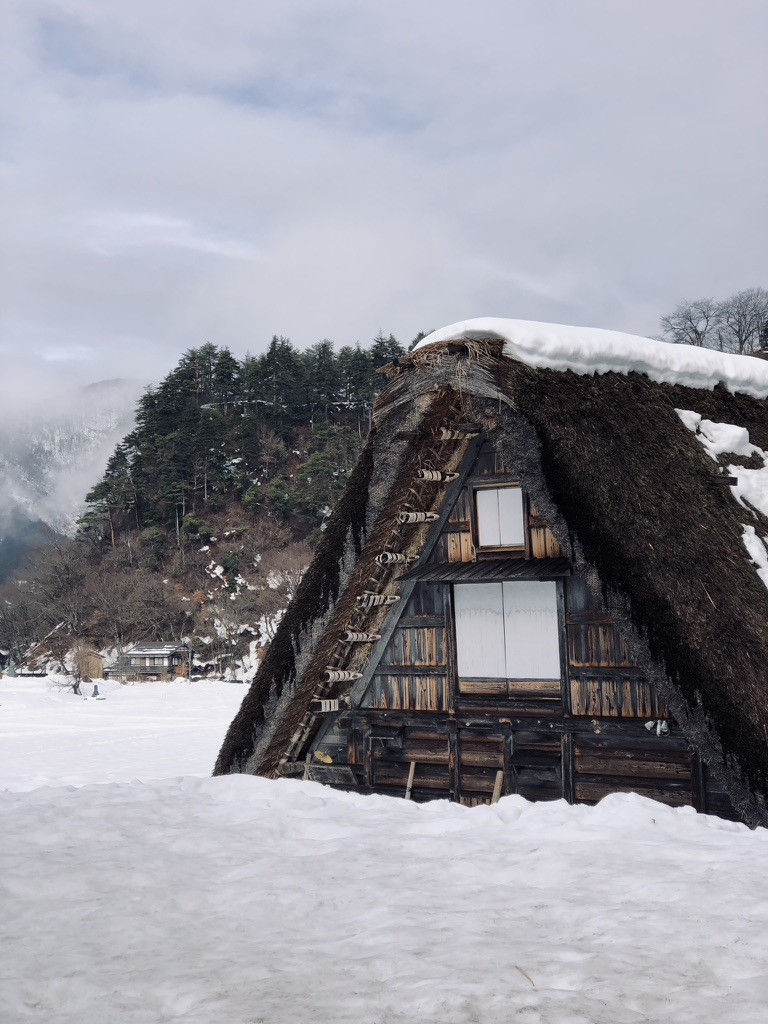 Traditional Japanese building covered in snow in Shirakawago Village, Japan