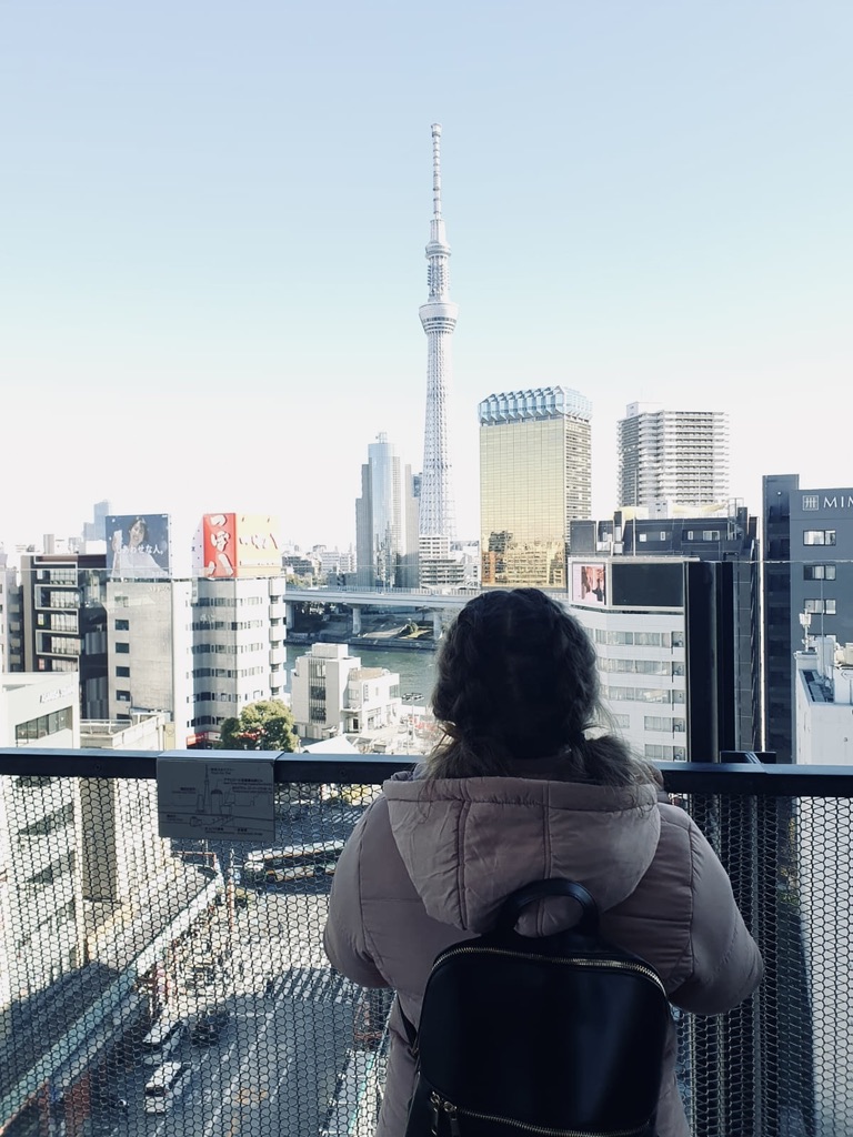 Girl looking out over city skyline and Tokyo Skytree from government building observation deck in Asakusa, Tokyo, Japan.