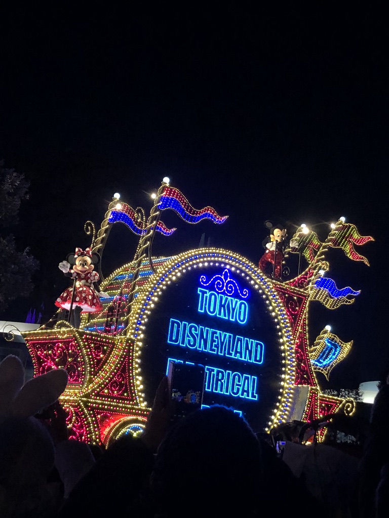 Tokyo Disneyland Electrical Parade float at night.
