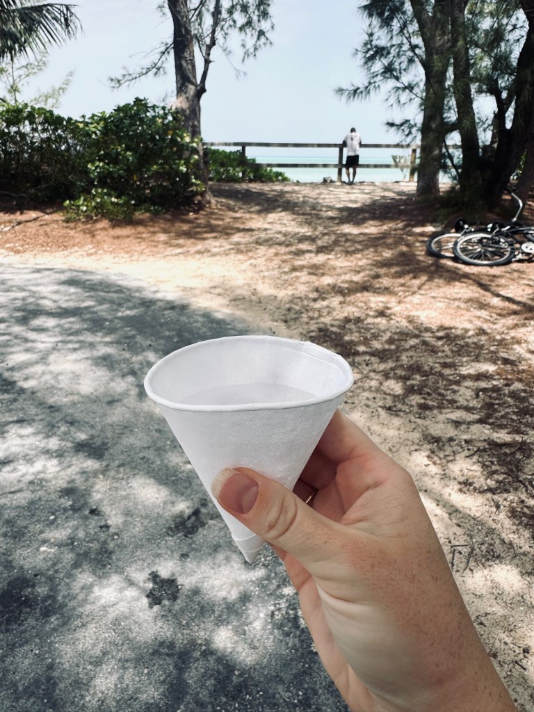 Hand holding paper cone of water with beach in background on Castaway Cay 5K running track
