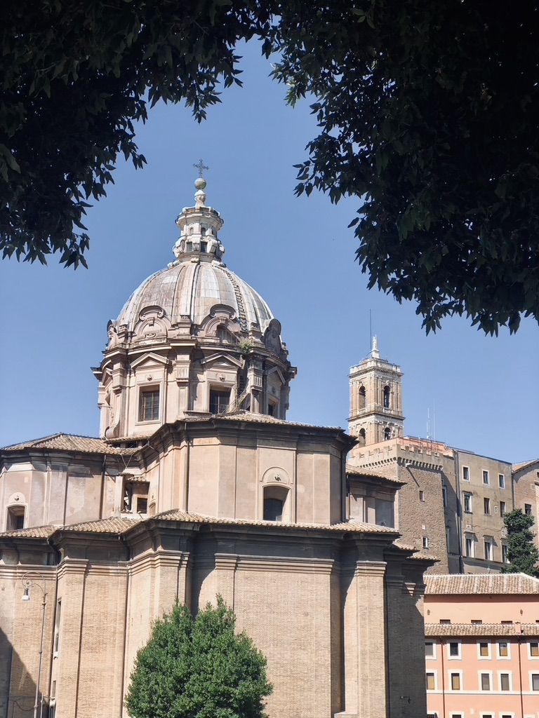 Old architecture in Rome, Italy framed by tree
