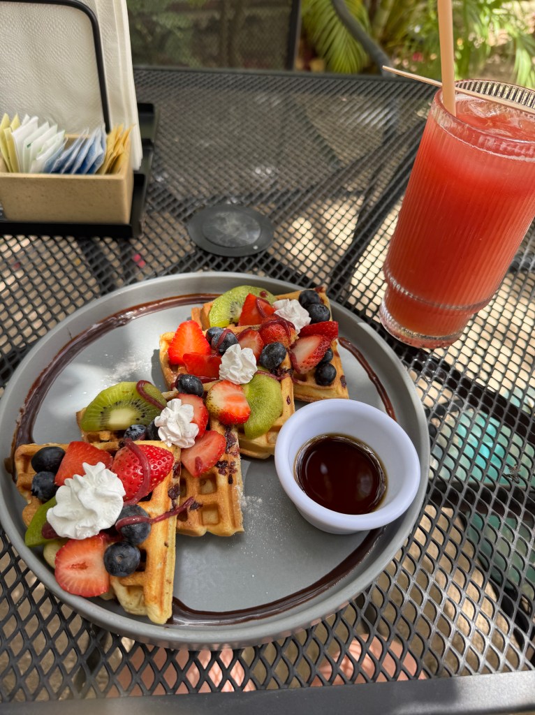 Outdoor garden table with smoothie and berry waffles at Cafe de Isla in Cozumel, Mexico