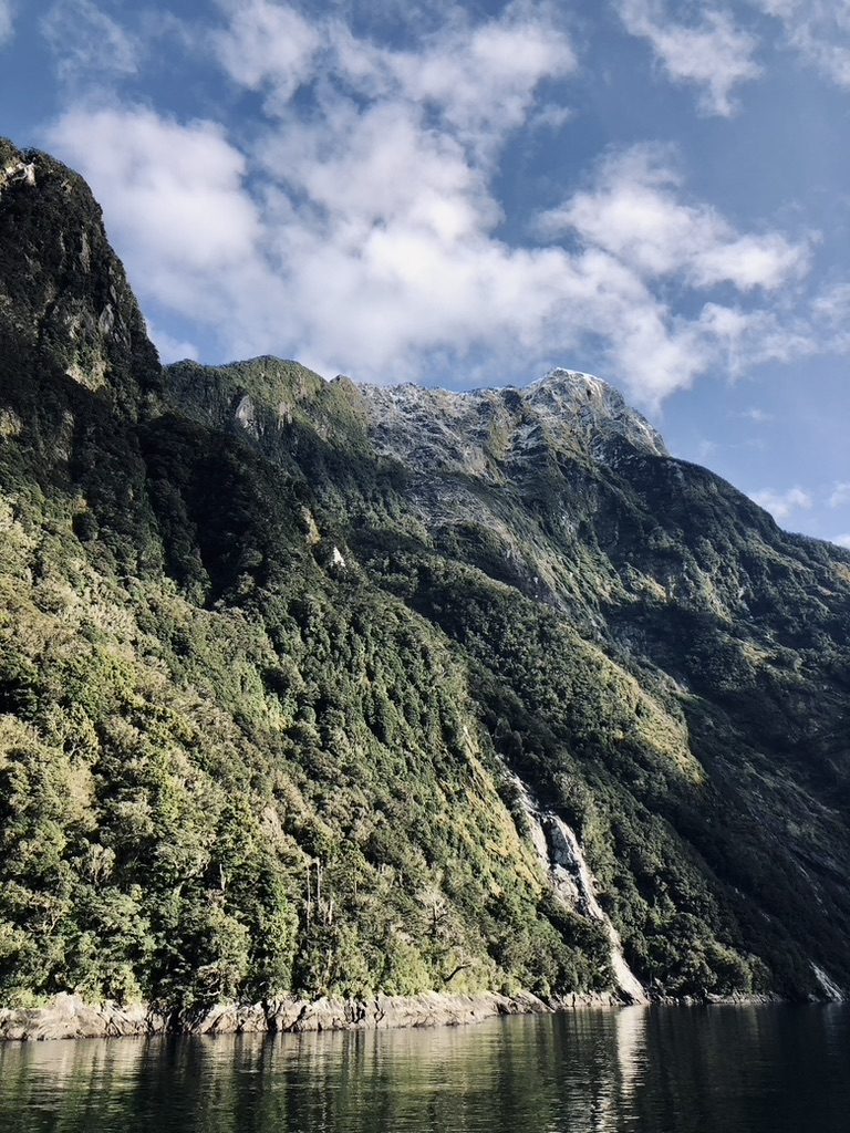 Waterfalls over green mountains at Milford Sound, New Zealand