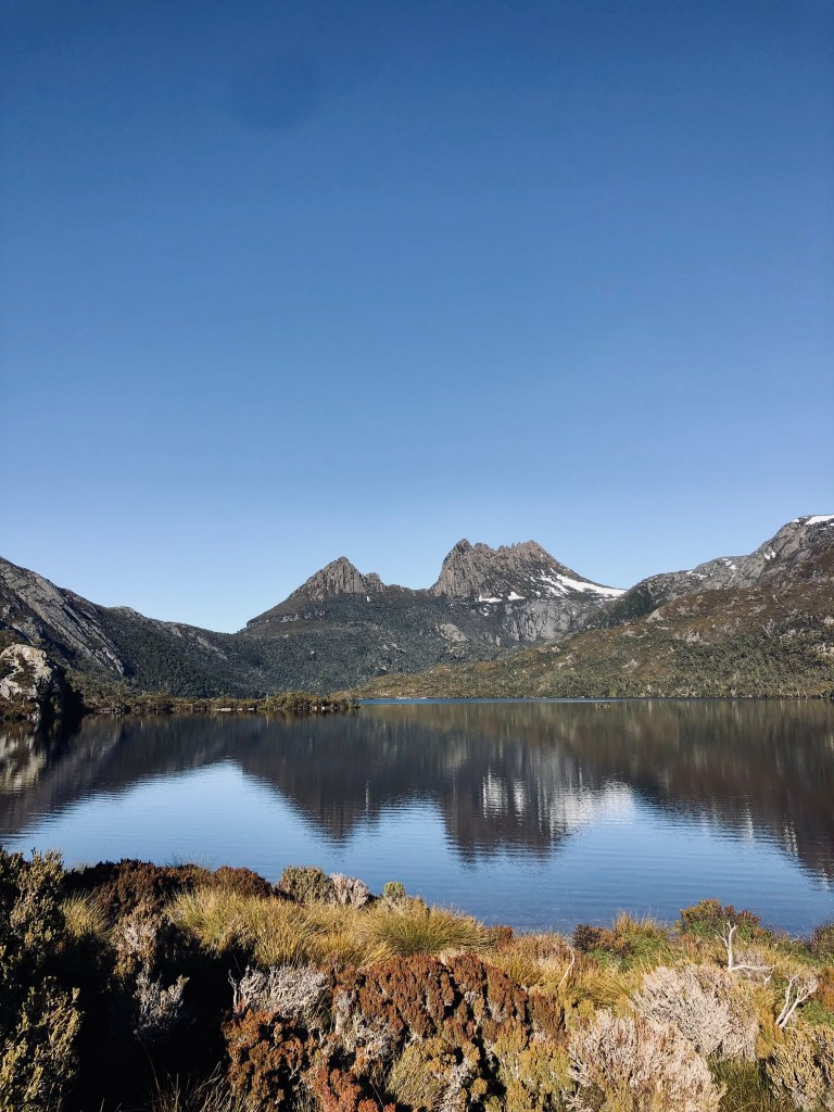 Cradle Mountain with lake and blue skies in Tasmania, Australia