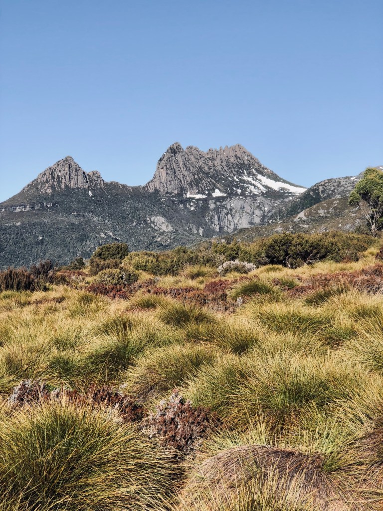 Cradle Mountain with lake and blue skies in Tasmania, Australia