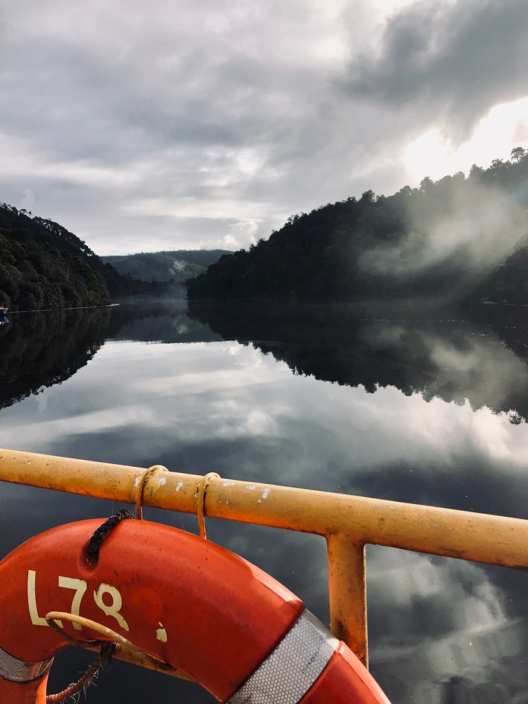 View of lake on car ferry crossing in the Western Wilds, Tasmania on a road trip