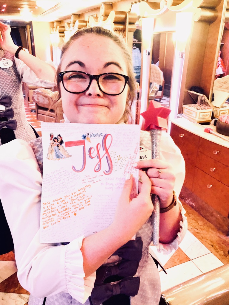 Disney Cruise Line Crew Member - Bibbidi Bobbidi Boutique outfit holding certificate on last day of contract