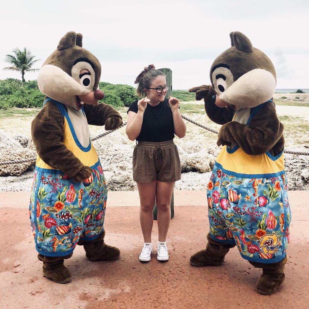 Disney crew member talking with Chip and Dale on Castaway Cay