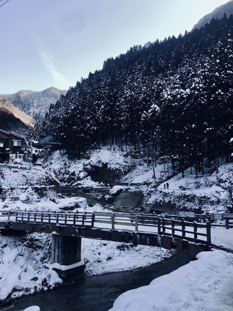 Snowy bridge and forest on the walk to Snow Monkey Park in Japan