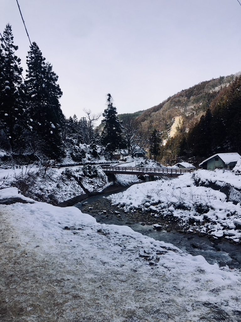 Snowy forest, river and ground on the walk to Snow Monkey Park in Japan