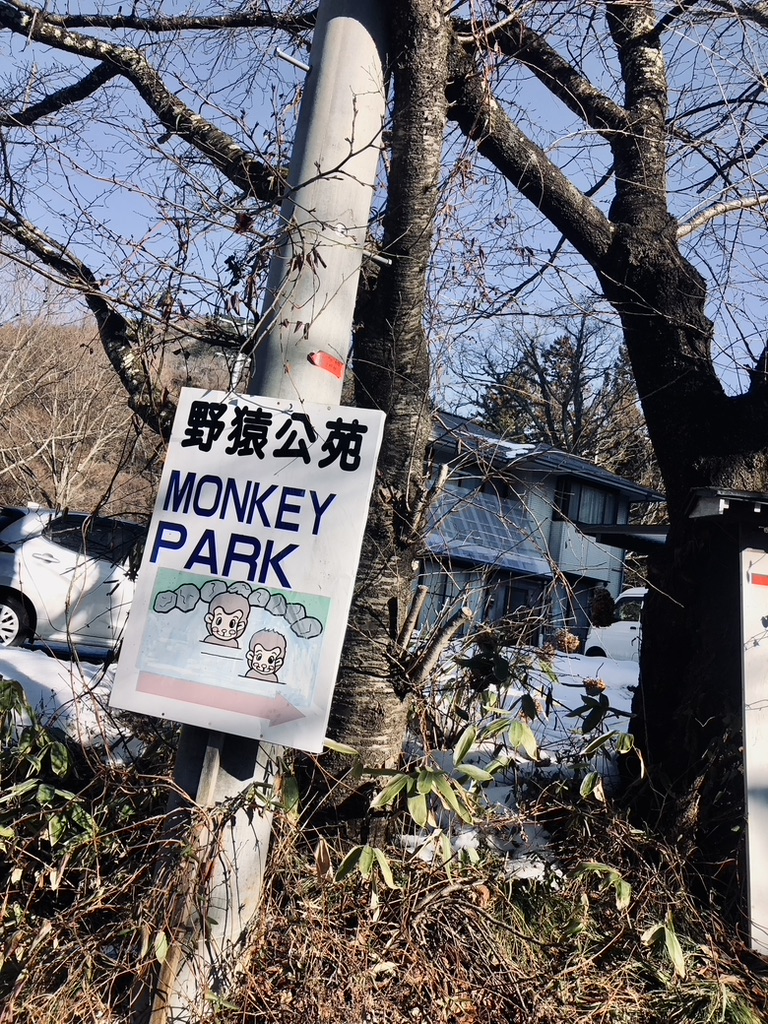 Monkey Park sign in engish and japanese on a sign post at the Snow Monkey Park in Japan