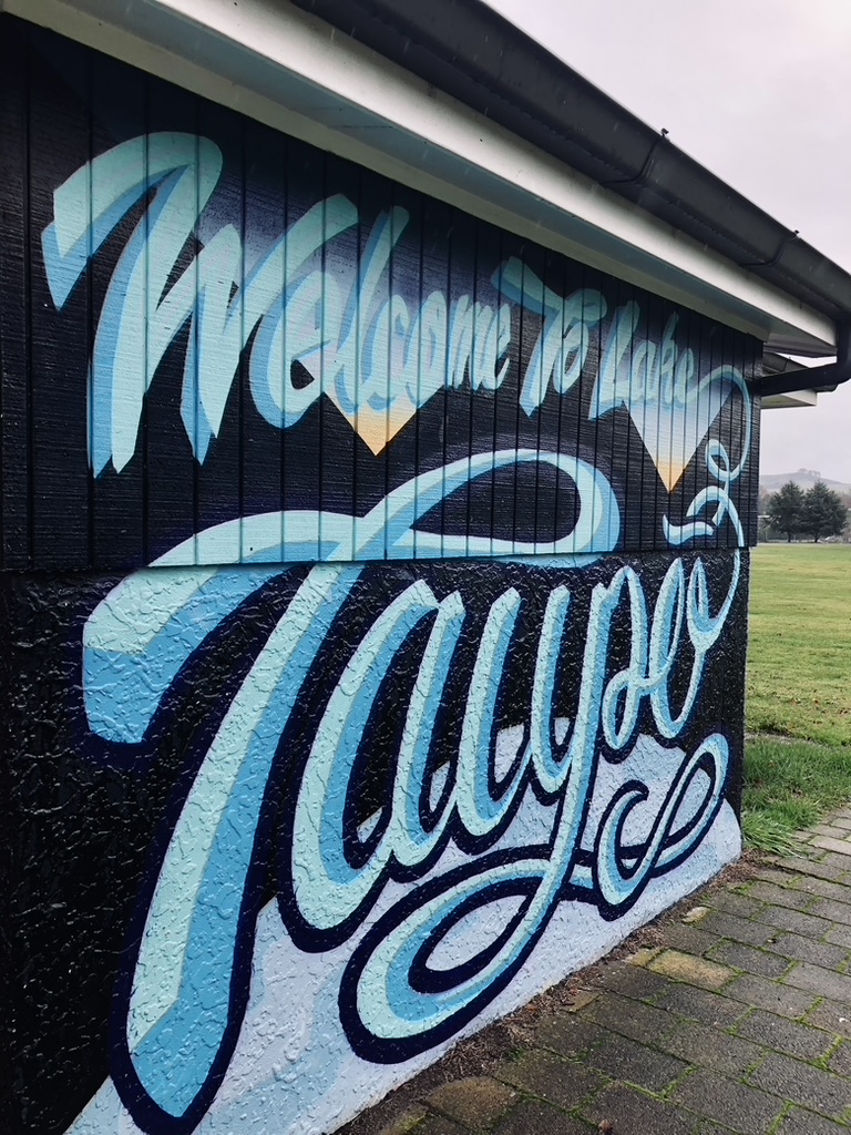 Lake Taupo street art on a wall in New Zealand