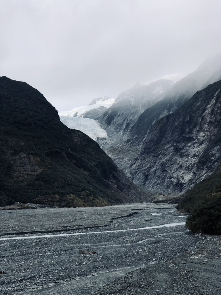Glacier nesting between mountains in the distance in New Zealand