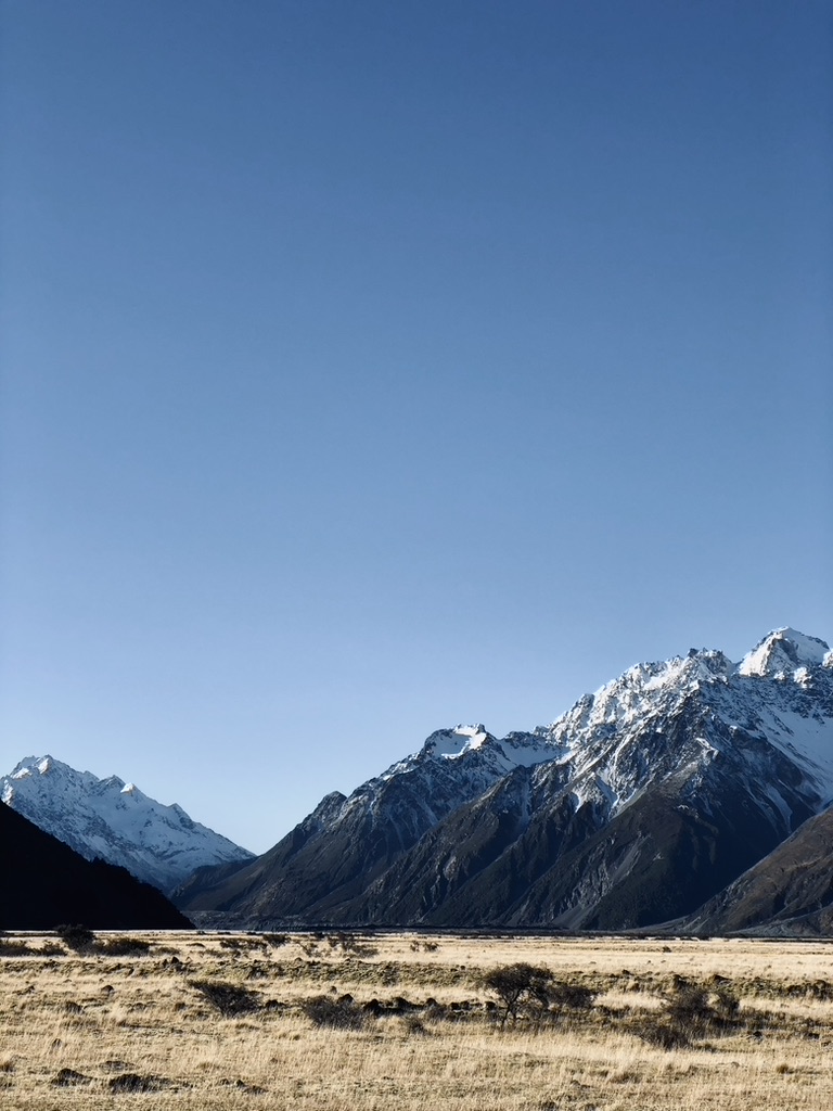 Sunny day with snow capped mountains and contrasting grass in New Zealand