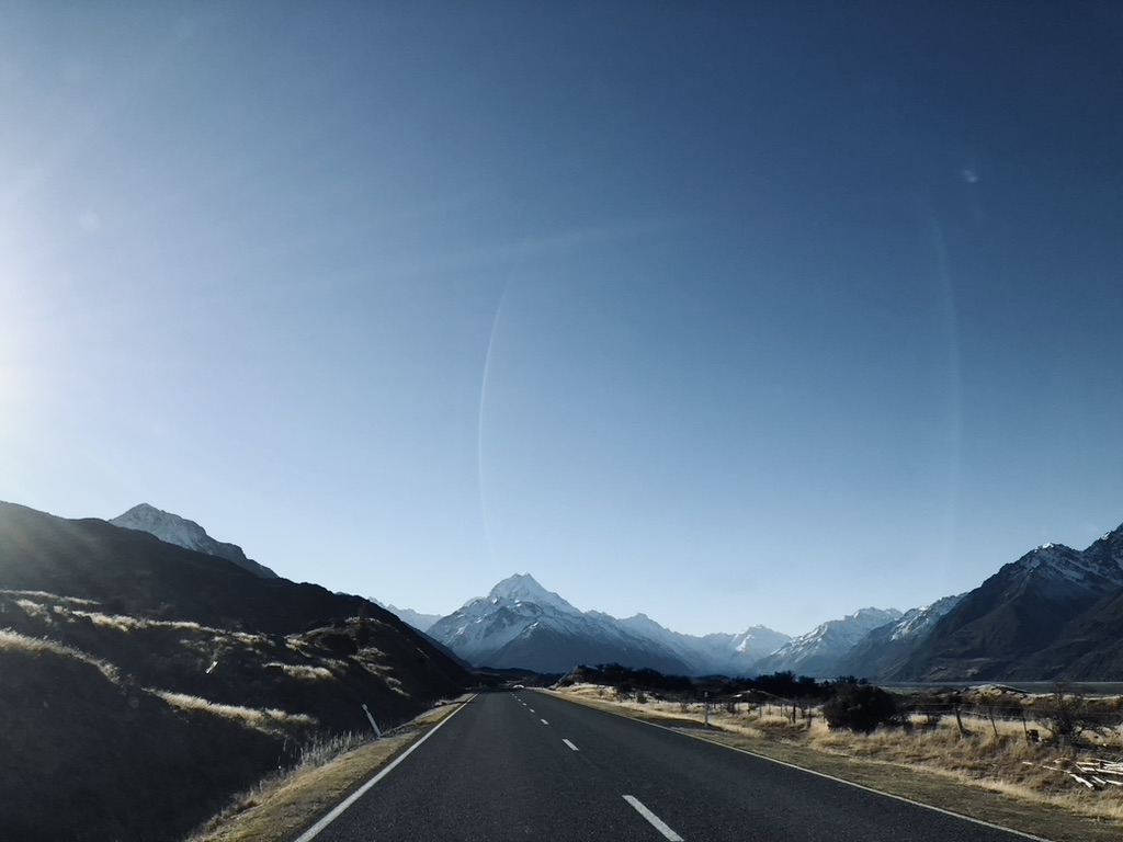 Epic road trip views of road leading to Mt Cook in New Zealand