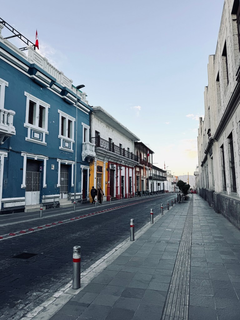 Cute colorful buildings in the historic district in Arequipa, Peru