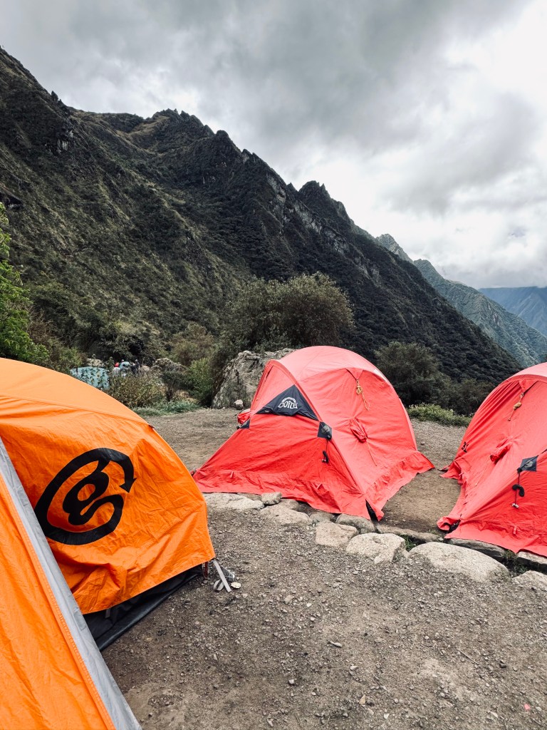 Tents in the mountains on day two of the Inca Trail in Peru
