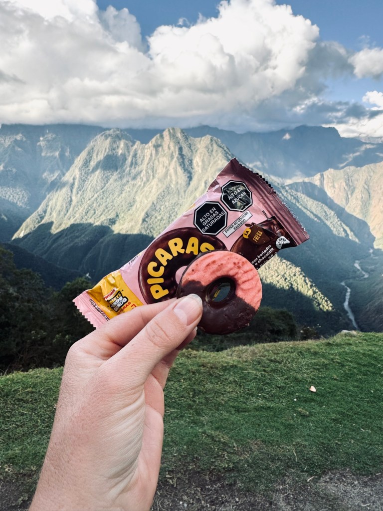 Hand holding peruvian snacks with mountains in the background on the Inca Trail in Peru