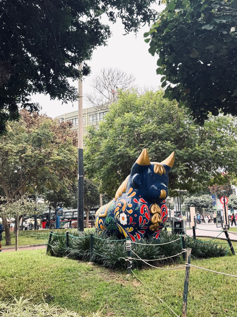 Colorful bull statue in the park in Miraflores, Lima, Peru