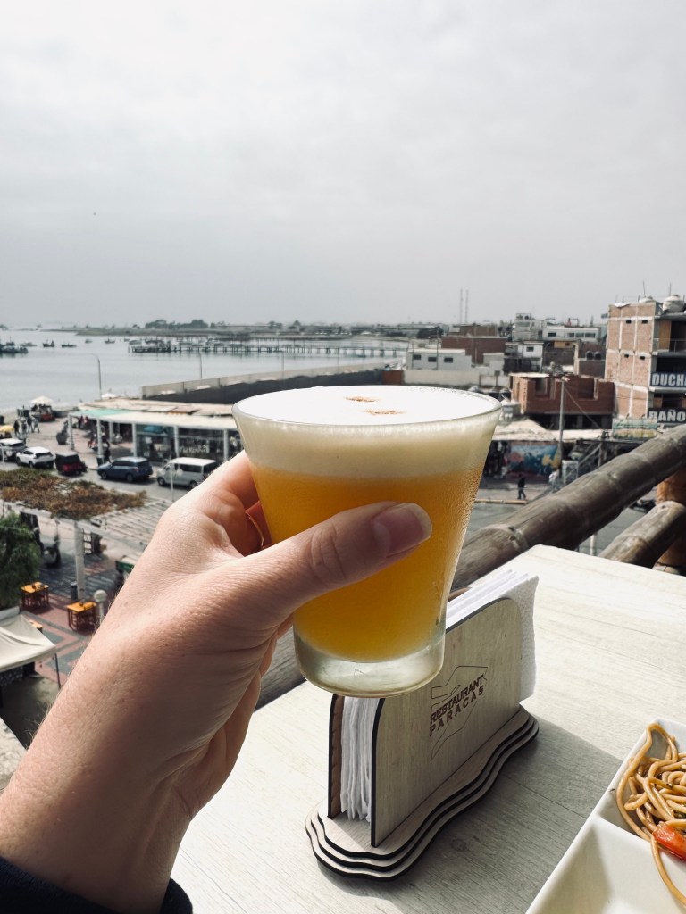 Hand holding pisco sour with view of town and ocean in background in Paracas, Peru