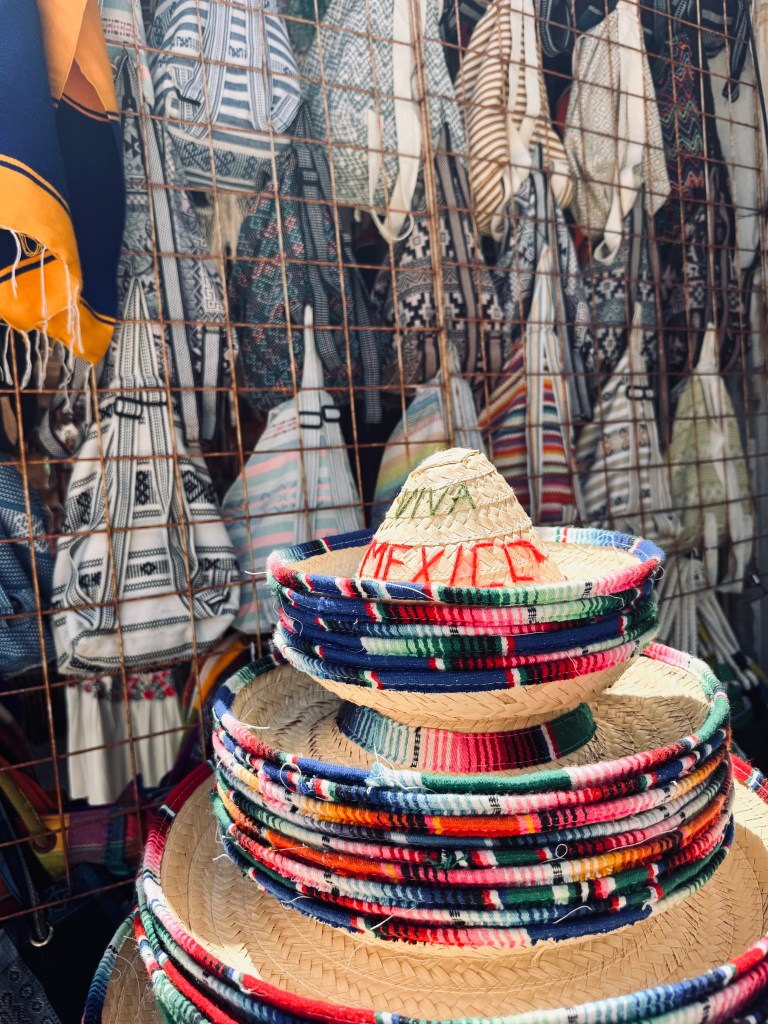 Pile of sombreros that say "Viva Mexico" at Playa del Carmen in Mexico