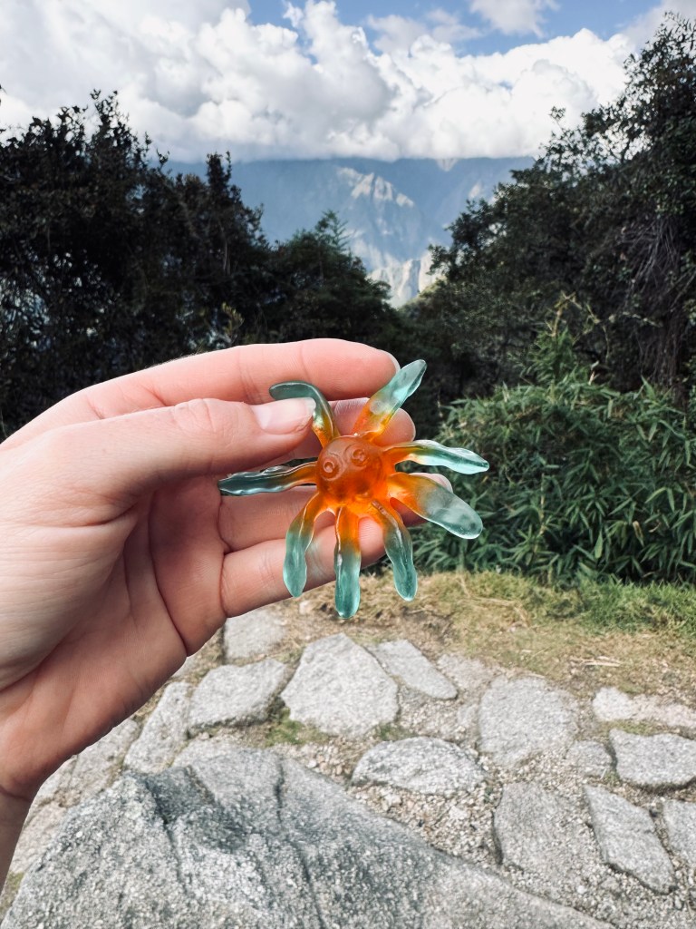 Hand holding octopus shaped candy on the Inca Trail, Peru