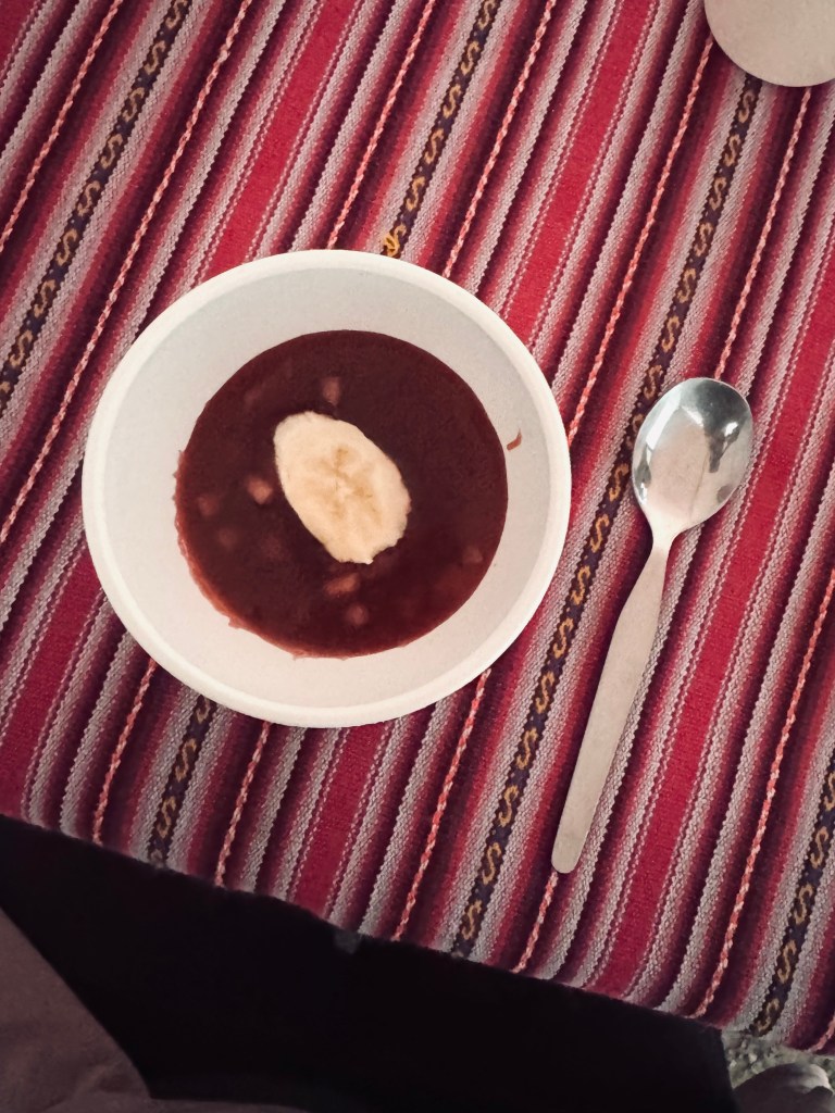 Bowl of chicha morada dessert on the Inca Trail, Peru