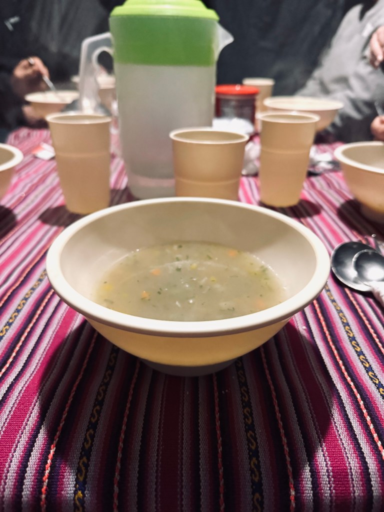Bowl of soup for dinner on the Inca Trail, Peru