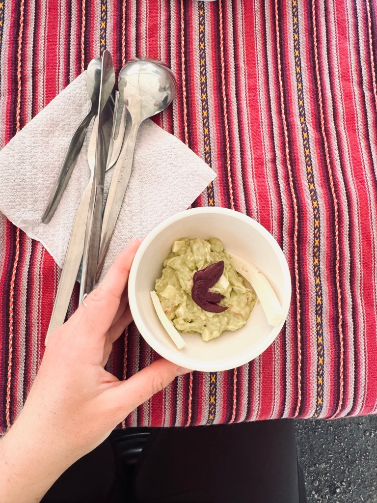 Guacamole in a bowl for lunch on the Inca Trail, Peru
