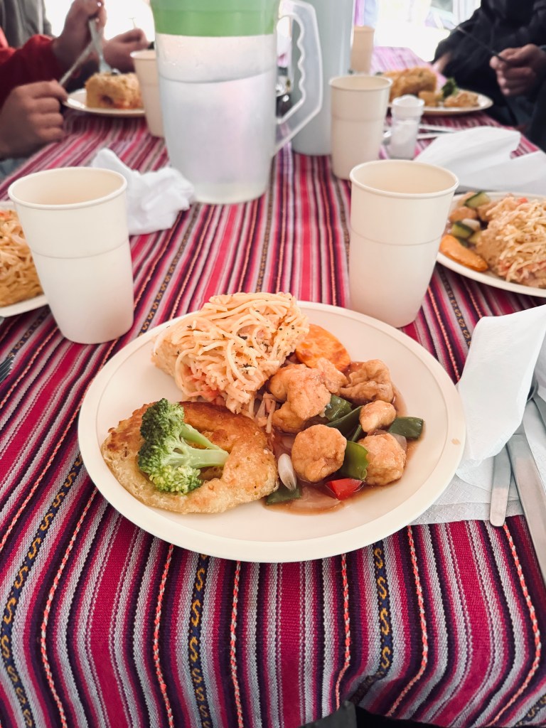 Plate of chicken and noodle bake for lunch on the Inca Trail, Peru