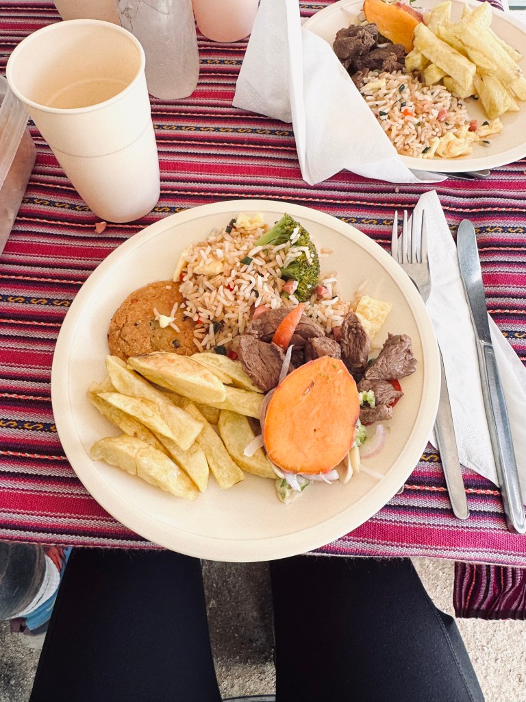 Plate full of peruvian food for lunch on the Inca Trail, Peru