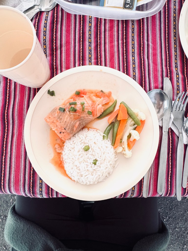 Grilled salmon, vegetables and rice for lunch on the Inca Trail, Peru