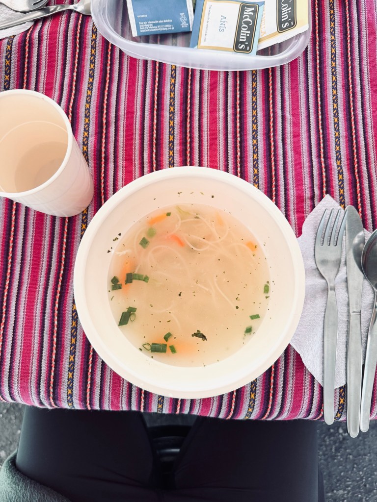 Bowl of noodle soup on the Inca Trail, Peru