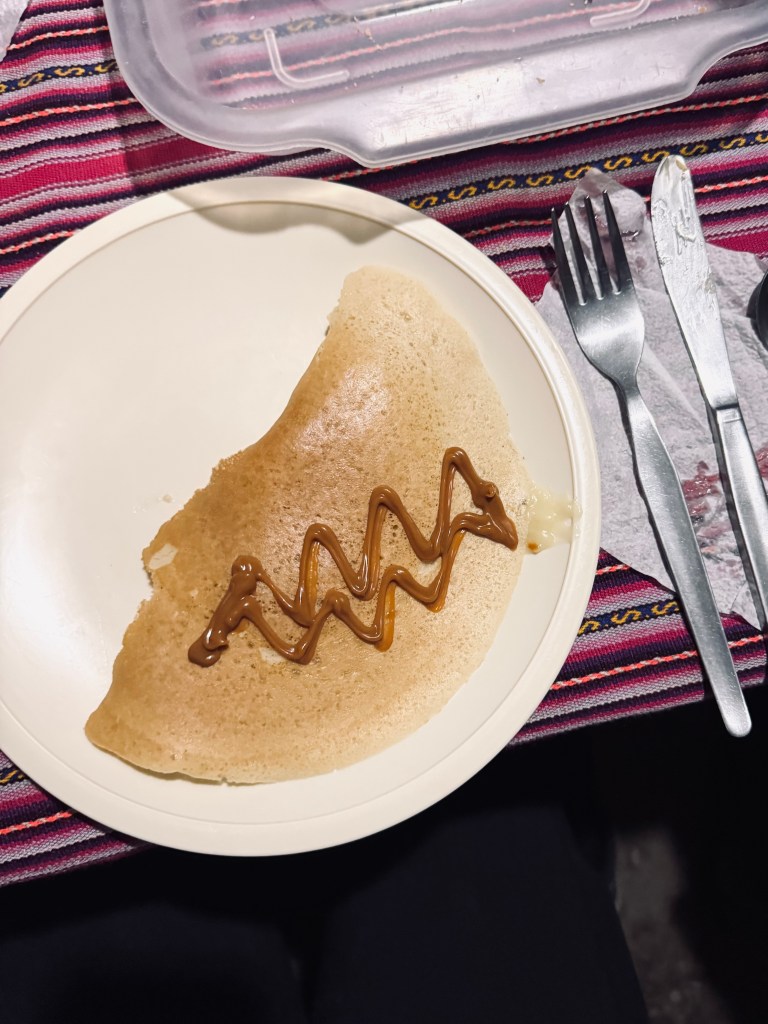 Plate with a pancake on the Inca Trail, Peru